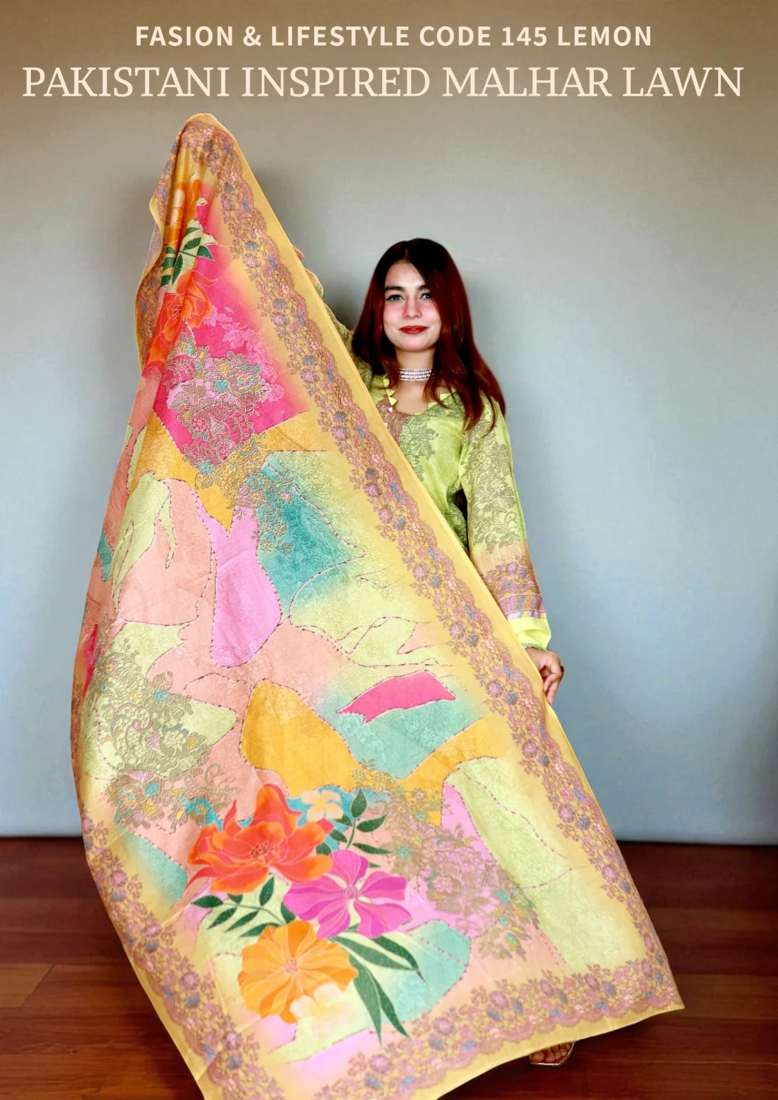 PAKISTANI INSPIRED MALHAR LAWN CODE 145 LEMON (2)