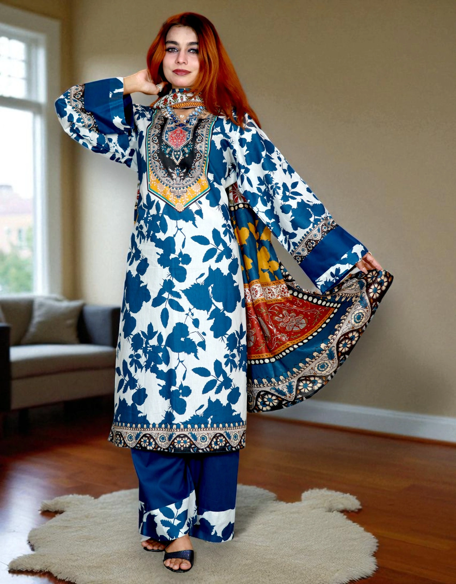 PAKISTANI INSPIRED MALHAR LAWN CODE 149 BLUE & WHITE (7)