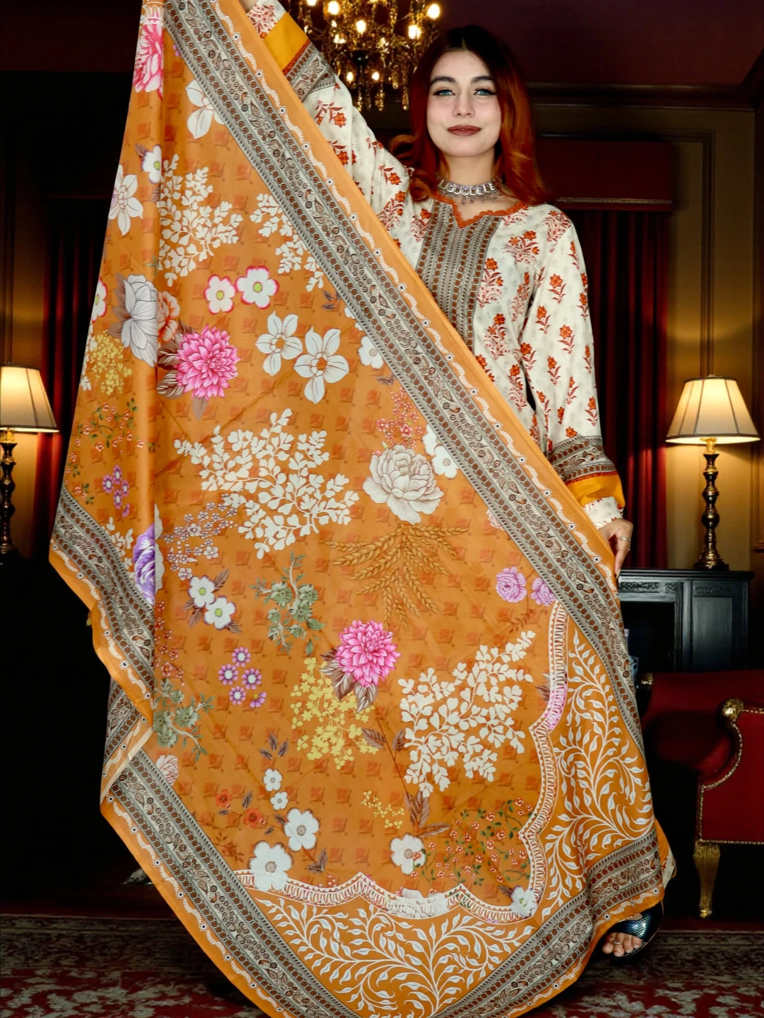 PAKISTANI INSPIRED MALHAR LAWN CODE 202 WHITE & MUSTERED (6)